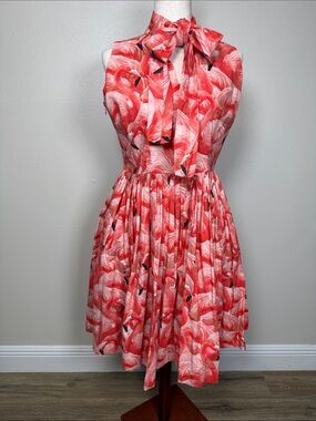 Flamingo Print Swing Dress M Fit & Flare Bow Neck Tie Pockets Pin Up Rockabilly